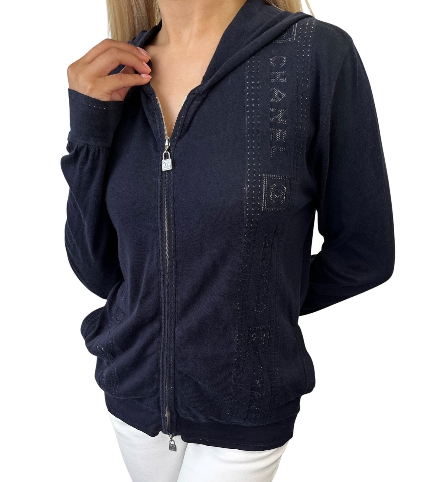 CHANEL Sport Vintage 07C CC Logo Zip Hoodie Jacket Top #36 Blue White 902073