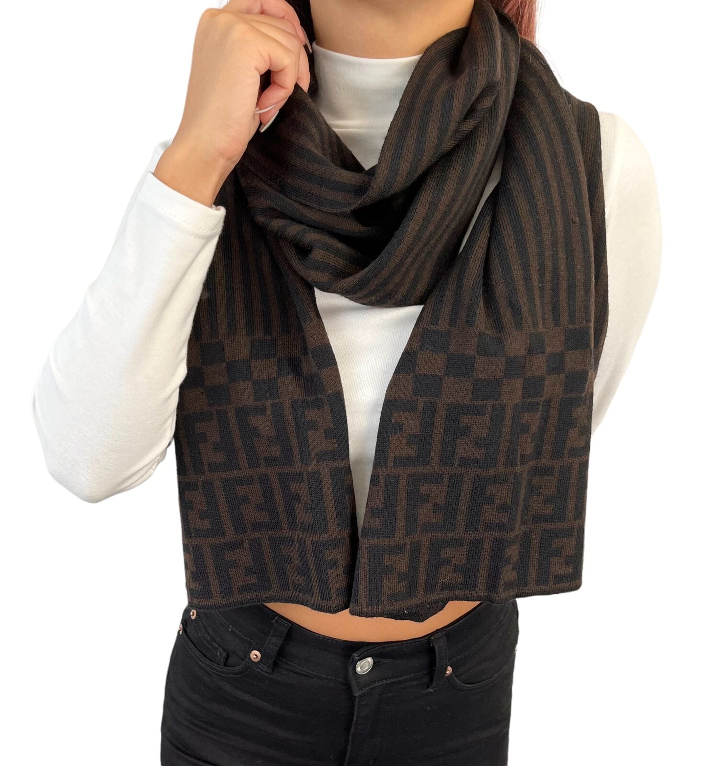 FENDI Zucca Stripe Wrap Scarf #42 Fashion Accessory Brown Black Wool RankAB