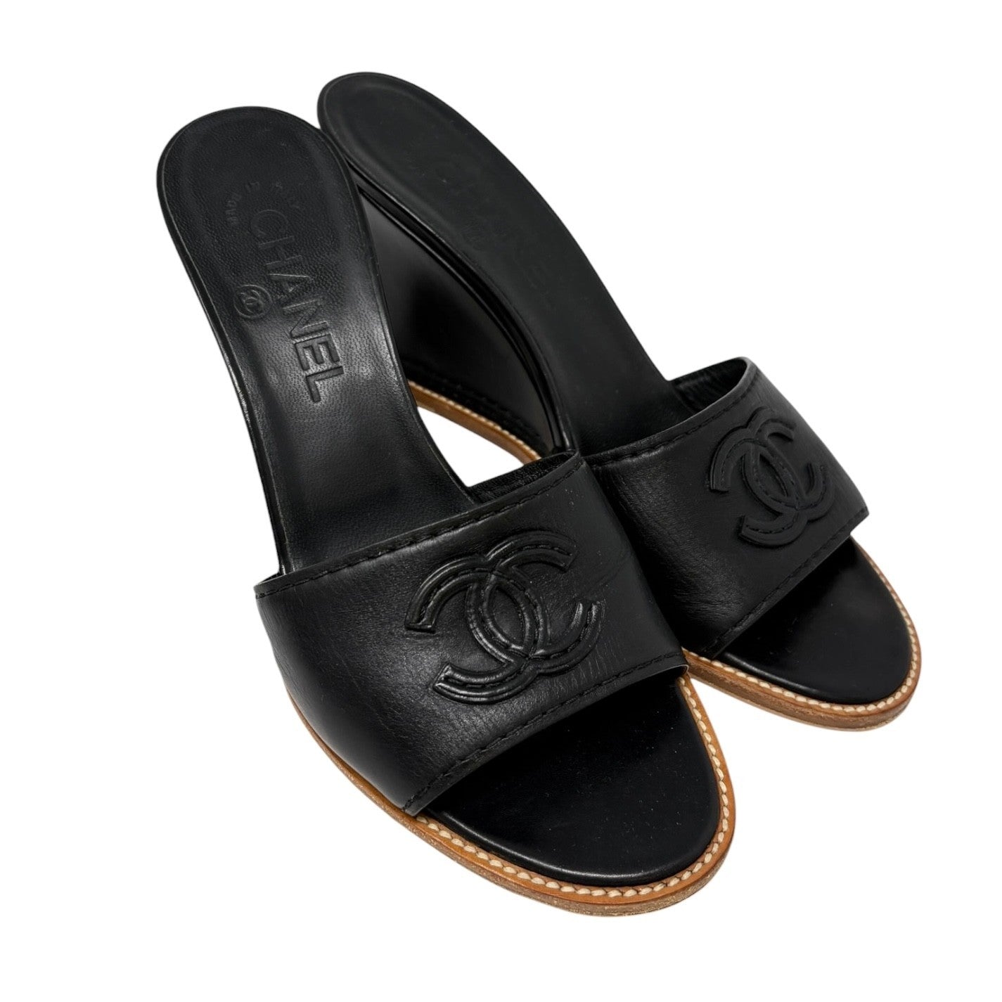 CHANEL Vintage CC Logo Slide Sandals Heels #36.5 Black Brown Leather 901943