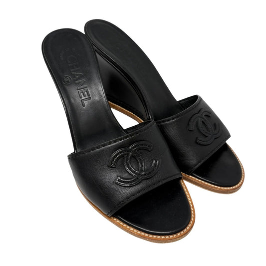 CHANEL Vintage CC Logo Slide Sandals Heels #36.5 Black Brown Leather 901943