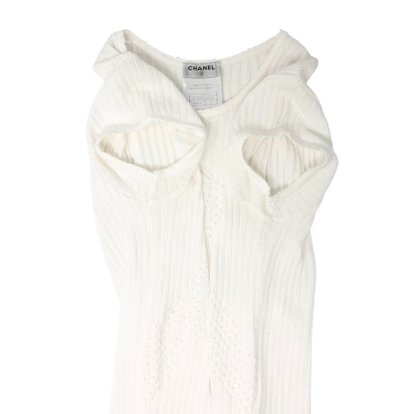 CHANEL Vintage 04P CC Mark Logo Knit T-shirt Top Rib Short Sleeve White Cotton