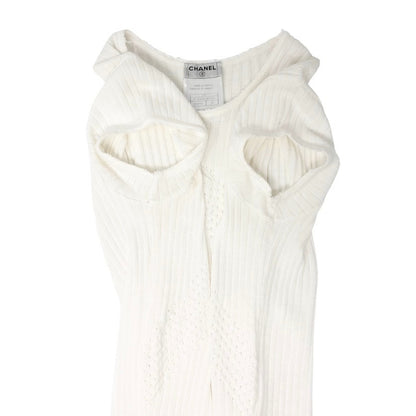 CHANEL Vintage 04P CC Mark Logo Knit T-shirt Top Rib Short Sleeve White Cotton