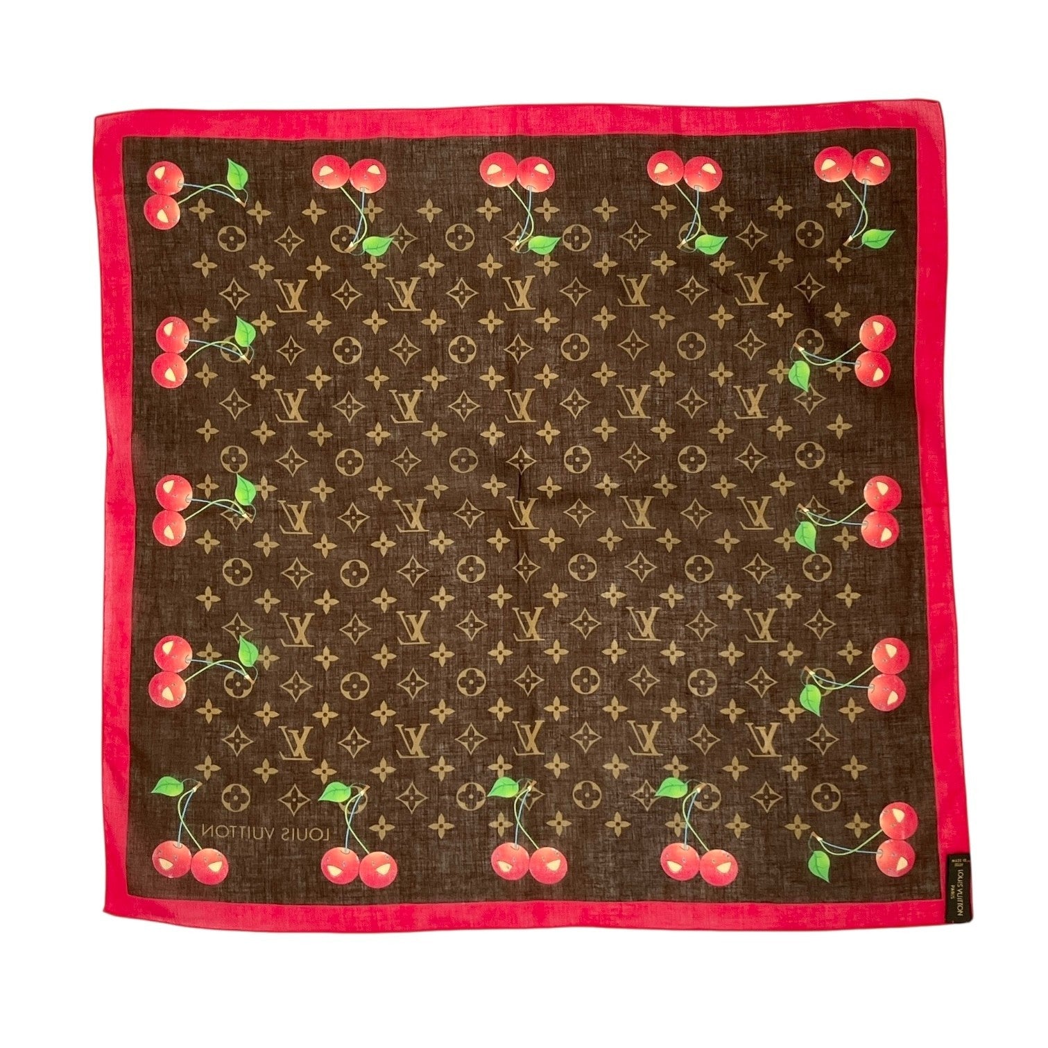 LOUIS VUITTON Vintage LV Monogram Cherry Scarf Wrap Takashi Murakami Brown Red