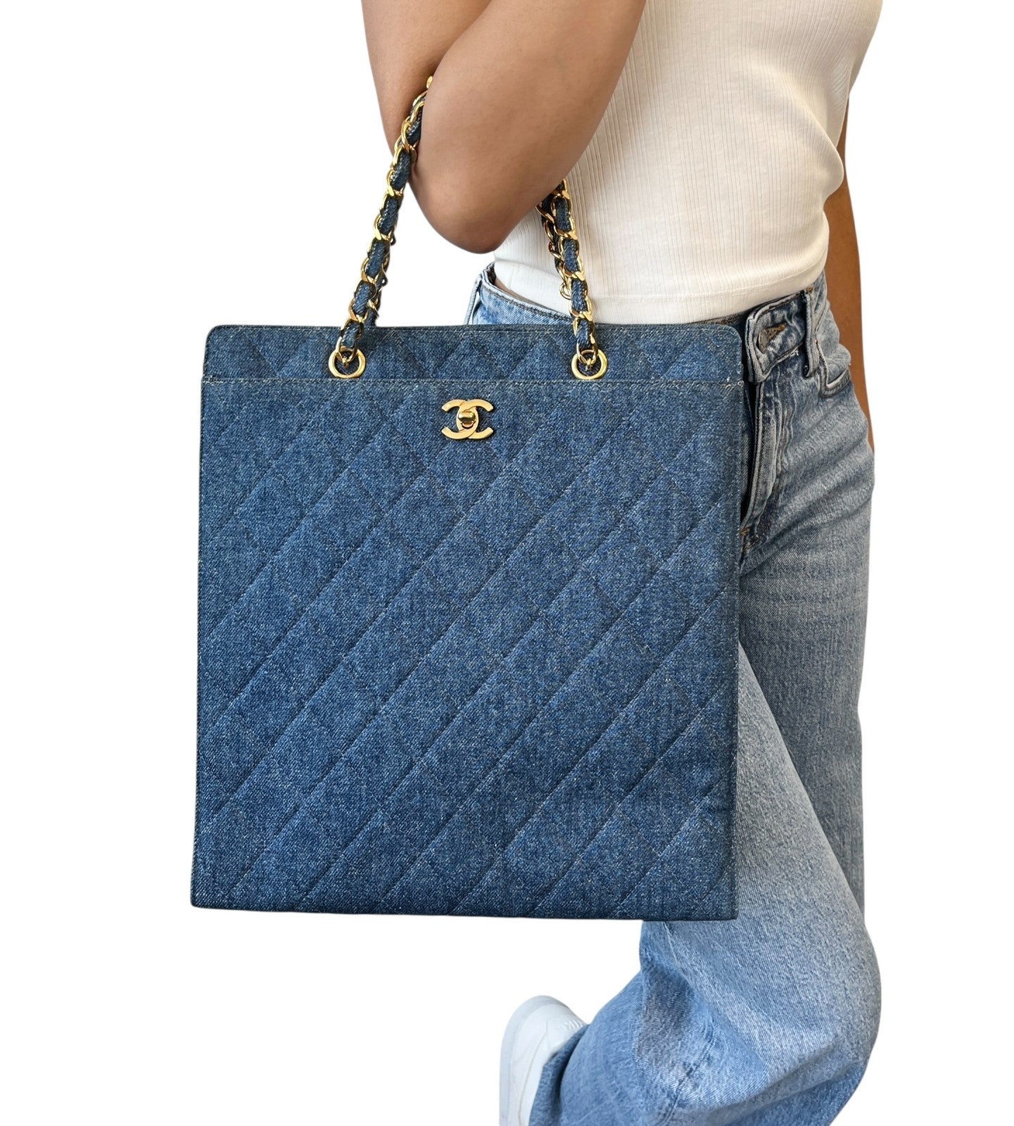 CHANEL Vintage CC Mark Logo Matelasse Denim Shoulder Bag Chain Blue Gold Cotton
