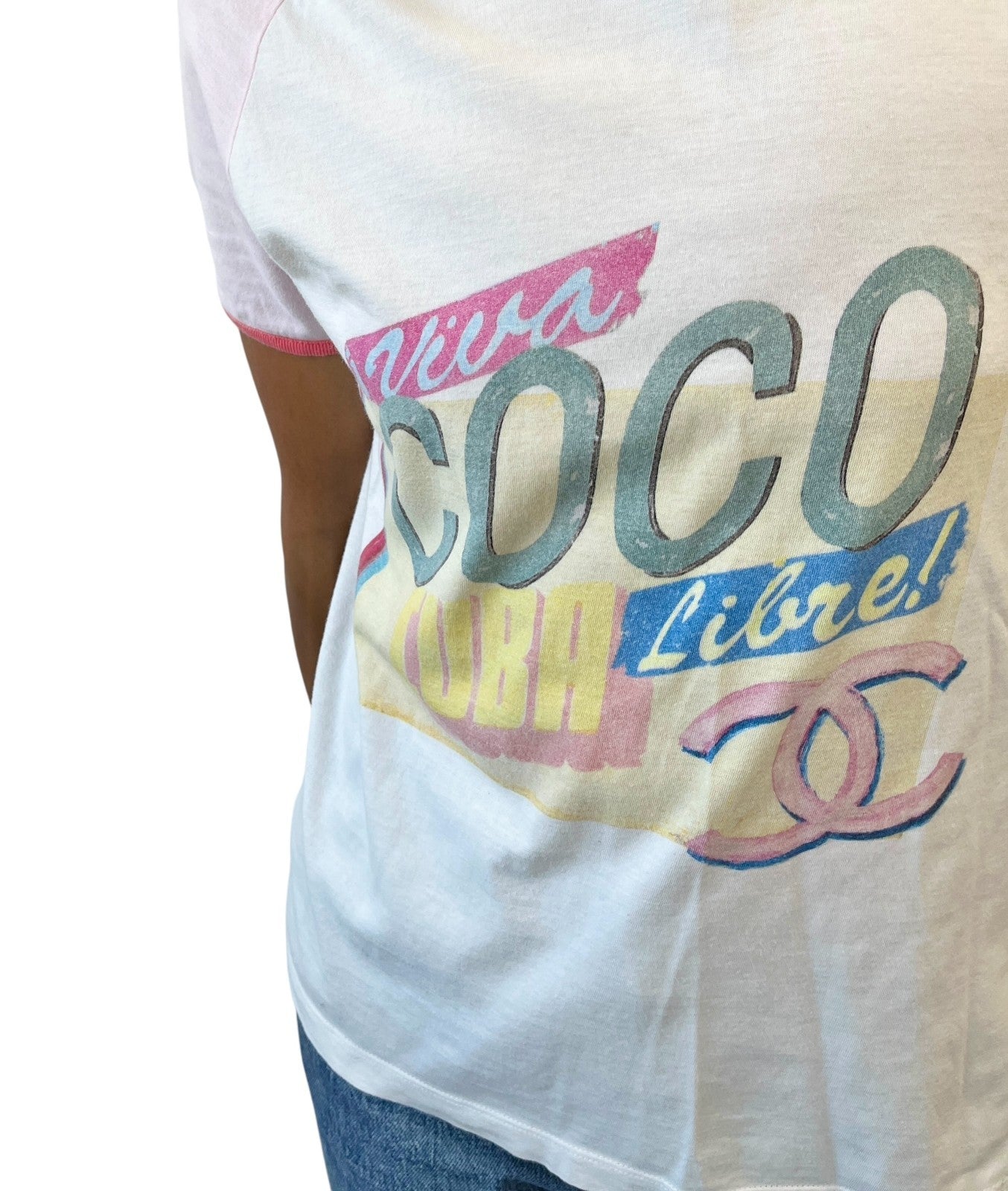 CHANEL Vintage C55838 CC Logo Viva Cuba Libre T-shirt Top #S White Pink Cotton
