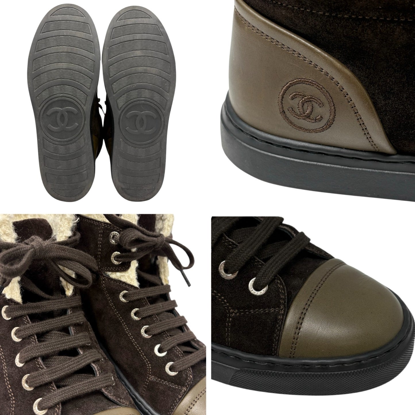 CHANEL Vintage 15A CC Suede Shearling High-cut Sneakers #38 Olive Green Brown