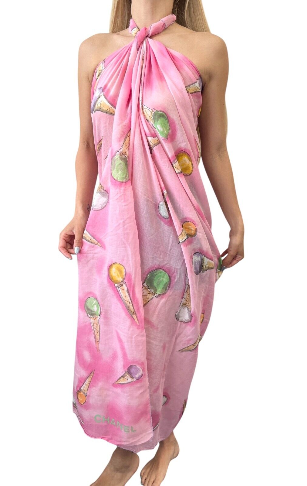 CHANEL Vintage Logo Ice Cream Print Wrap Pareo Big Scarf Dress Cotton Pink