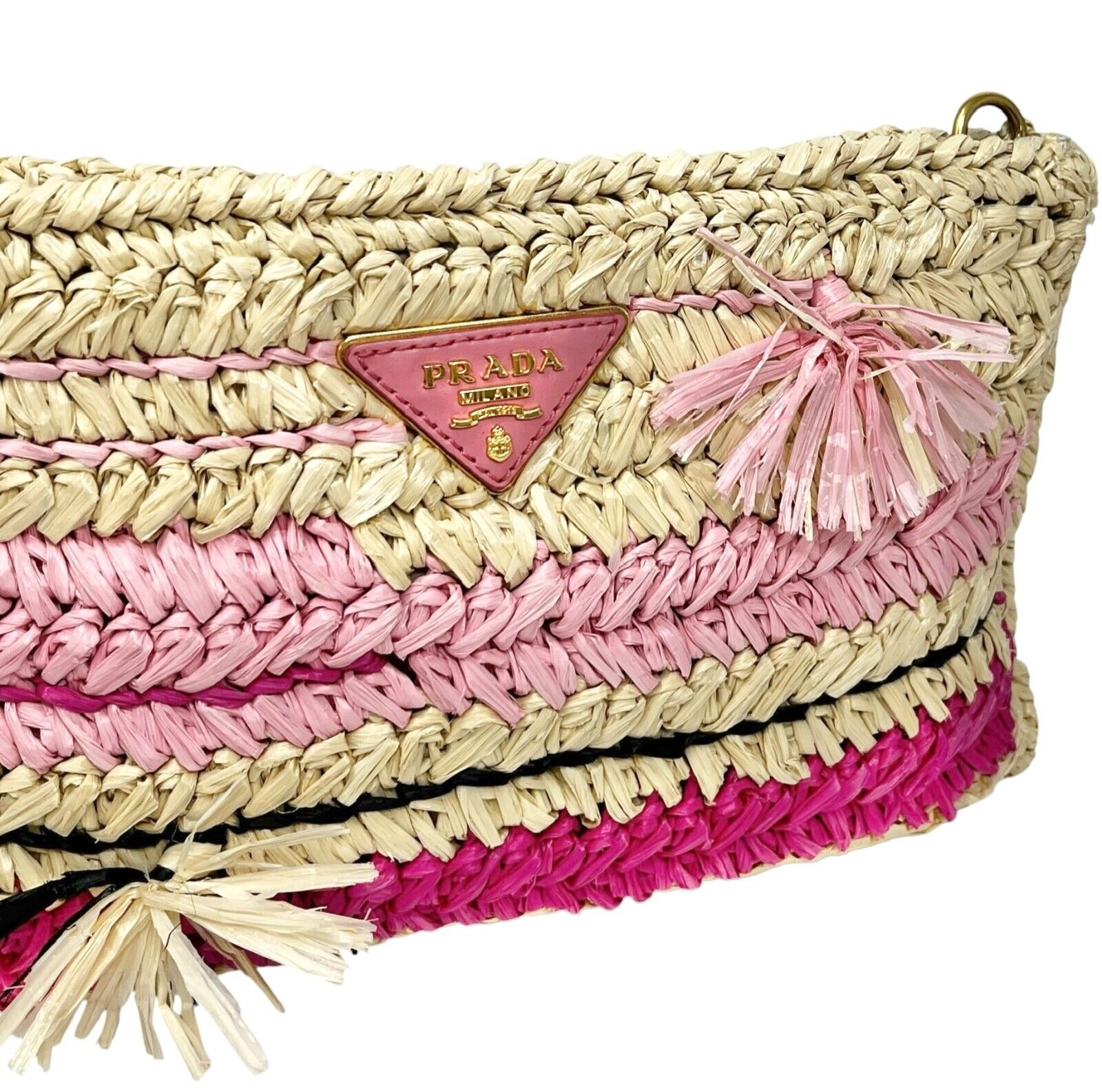 PRADA Vintage Logo Raffia Shoulder Bag Crossbody Zip Pink Cream Polyurethane