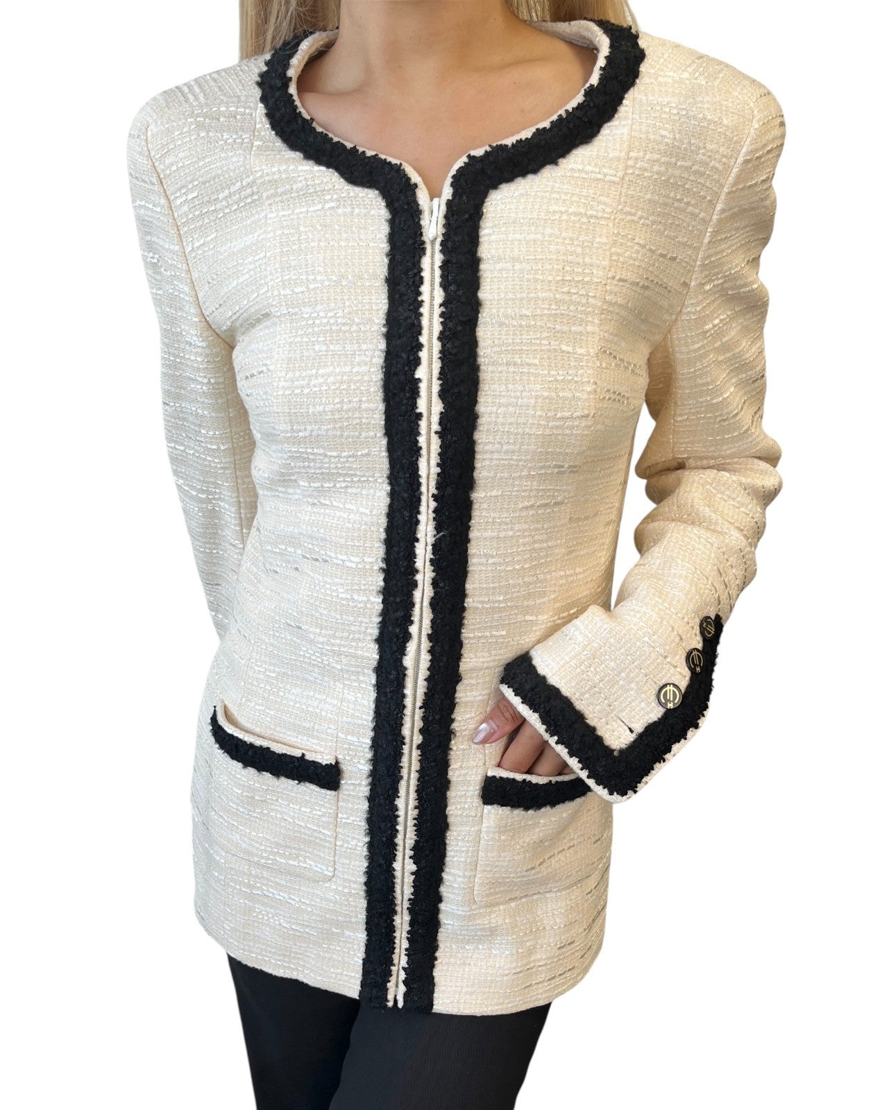 CHANEL Vintage 02P CC Logo Tweed Jacket #38 Cream Black Long Sleeve Zip Button