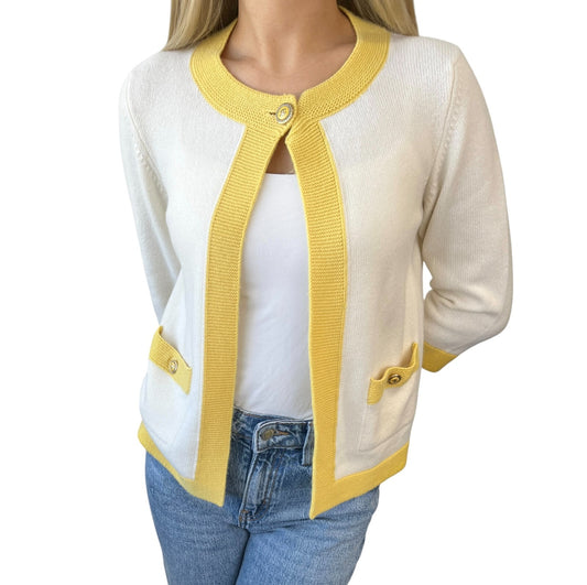 CHANEL Vintage 07P CC Logo Cardigan Sweater Top #36 Cream Yellow Cashmere