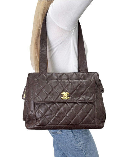 CHANEL Vintage CC Turnlock Quilted Front Pocket Shoulder Tote Bag Brown 902920