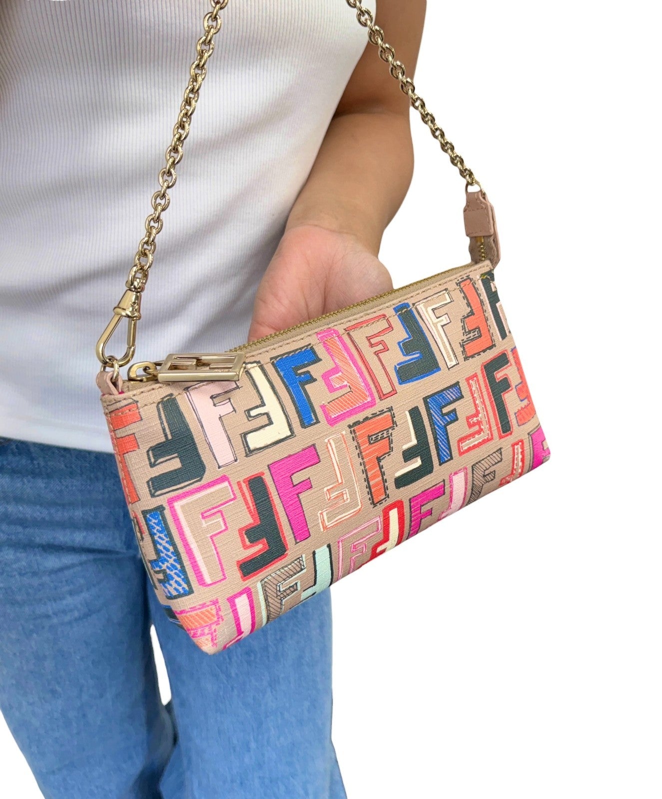 FENDI Vintage Zucca FF Monogram Chain Bag Pochette Beige Multicolor 901881