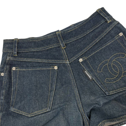 CHANEL Vintage CC Logo Denim Short Pants #36 Dark Blue Silver Cotton 902896