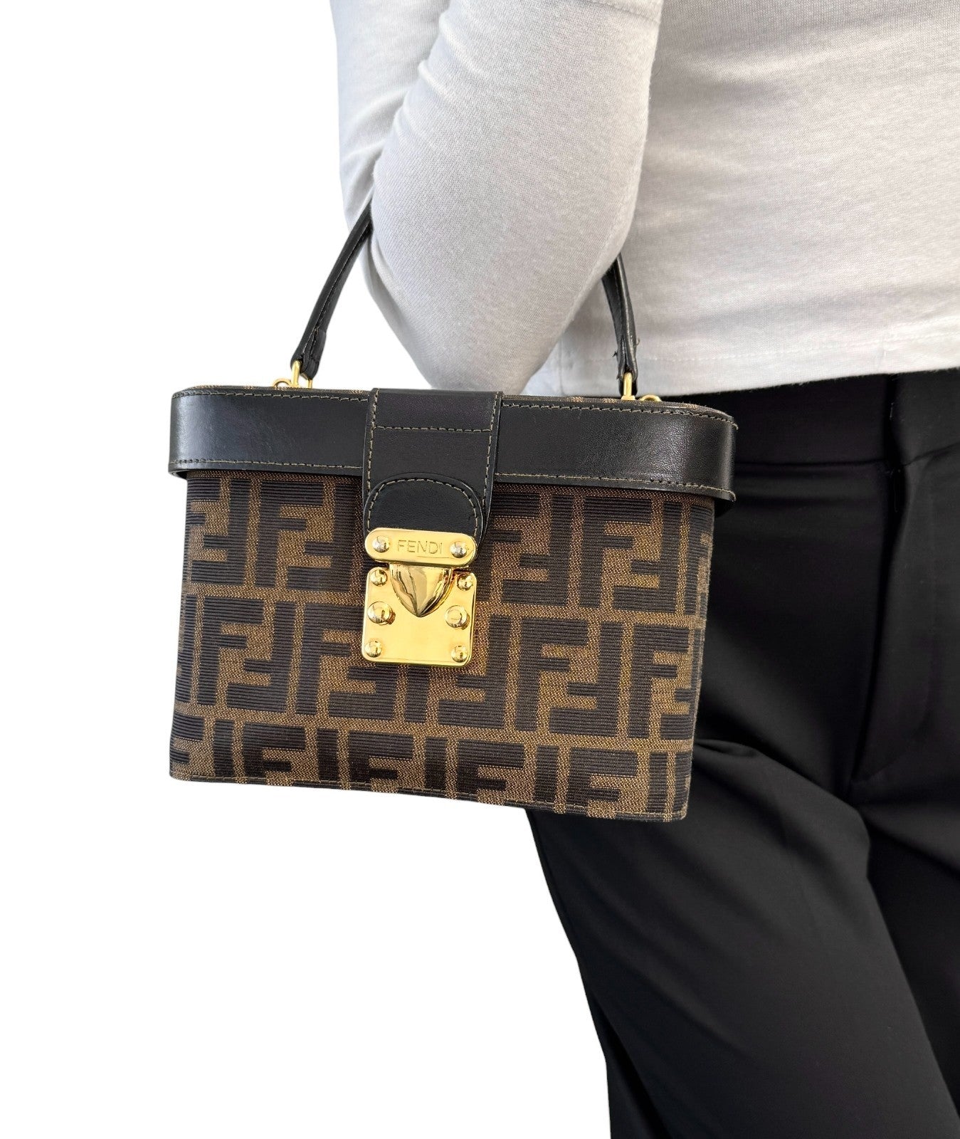 FENDI Vintage FF Zucca Vanity Bag 2way Handbag Crossbody Brown Canvas Leather