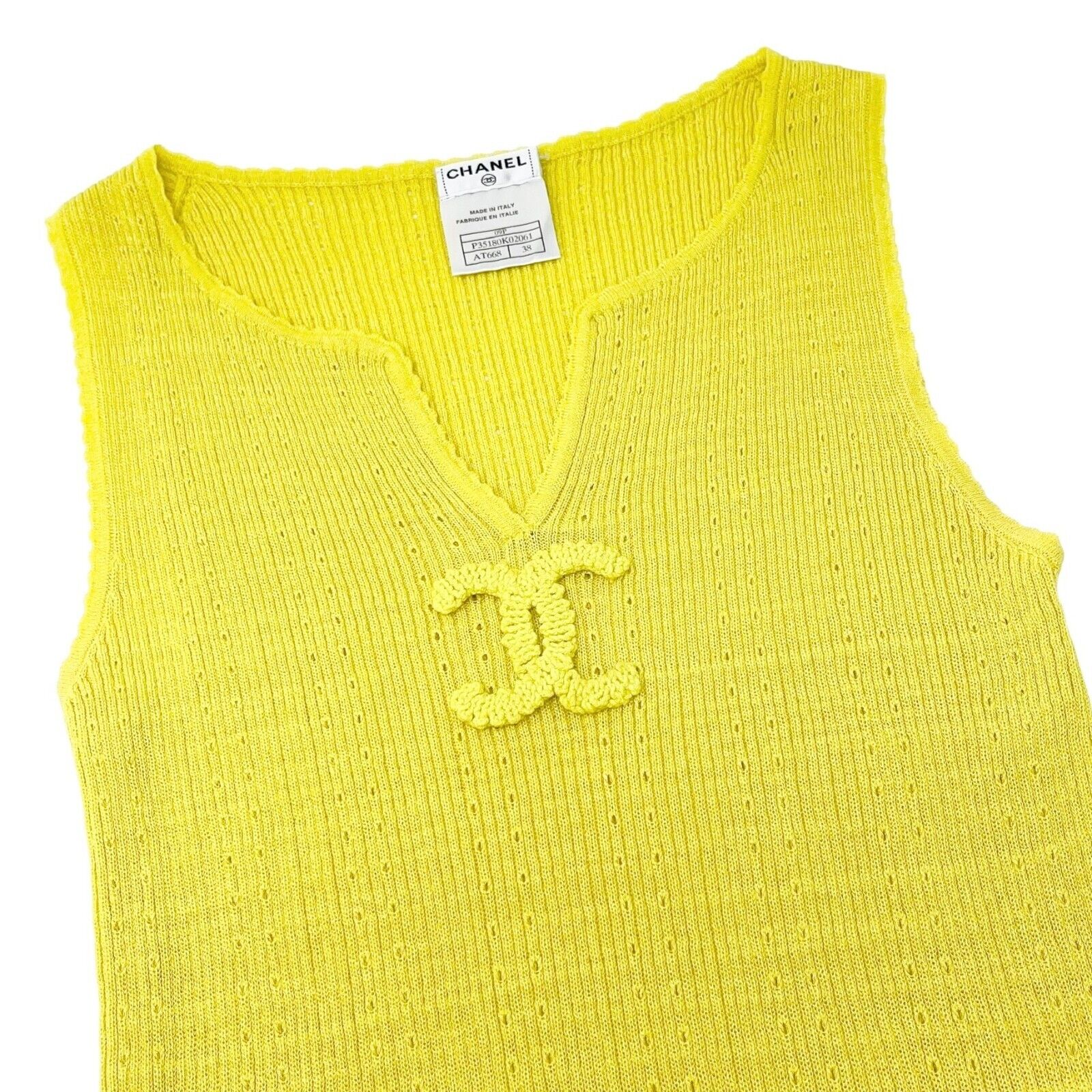 CHANEL Vintage 09P CC Mark Logo Knit Tank Top #38 Yellow Cotton Tunic Rank AB