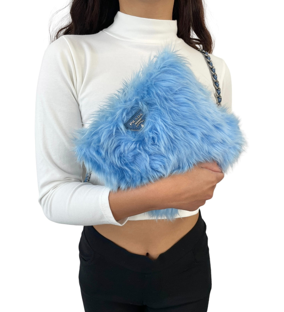 PRADA Vintage Logo Pelliccia Chain Shoulder Bag Mini Pouch Blue Faux Fur 902321
