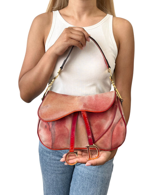 Christian Dior Vintage 2000 Double Saddle Shoulder Bag Red Gold Coated Suede