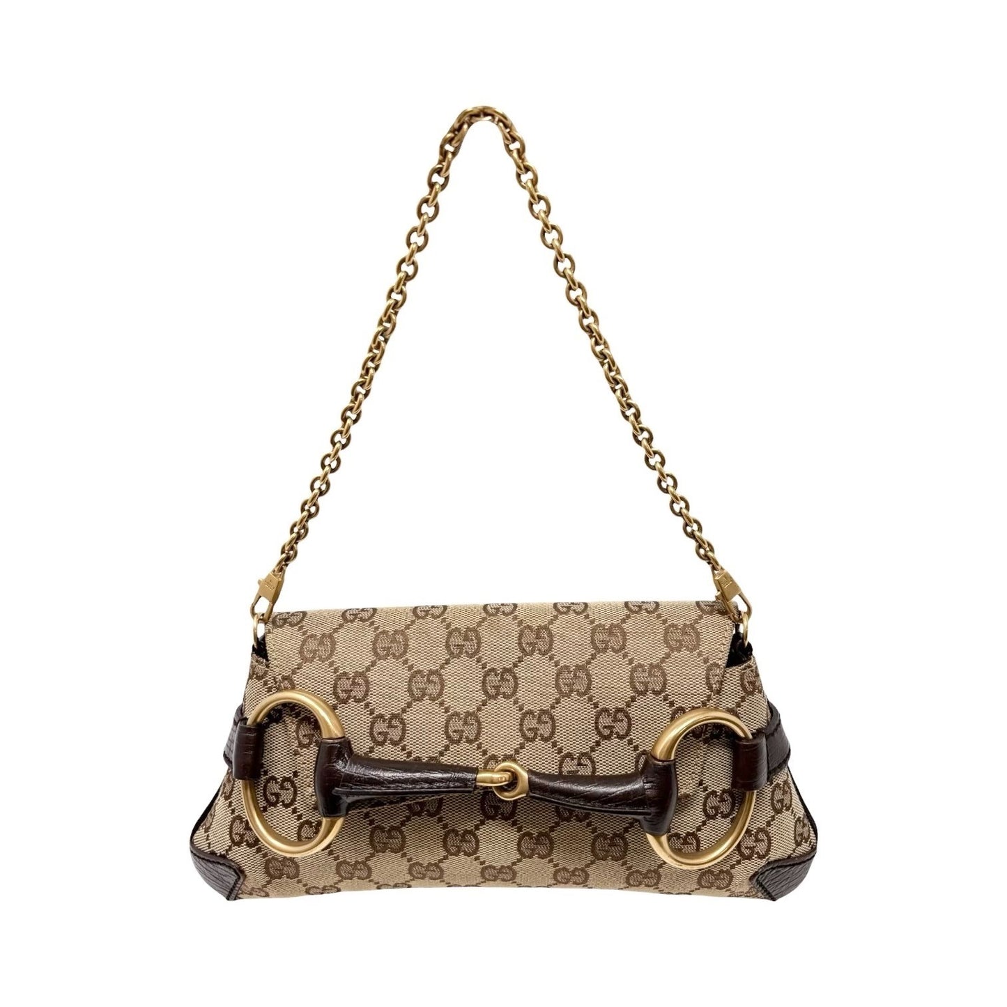 GUCCI Vintage GG Monogram Logo Horsebit Shoulder Bag Brown Gold Canvas 902099