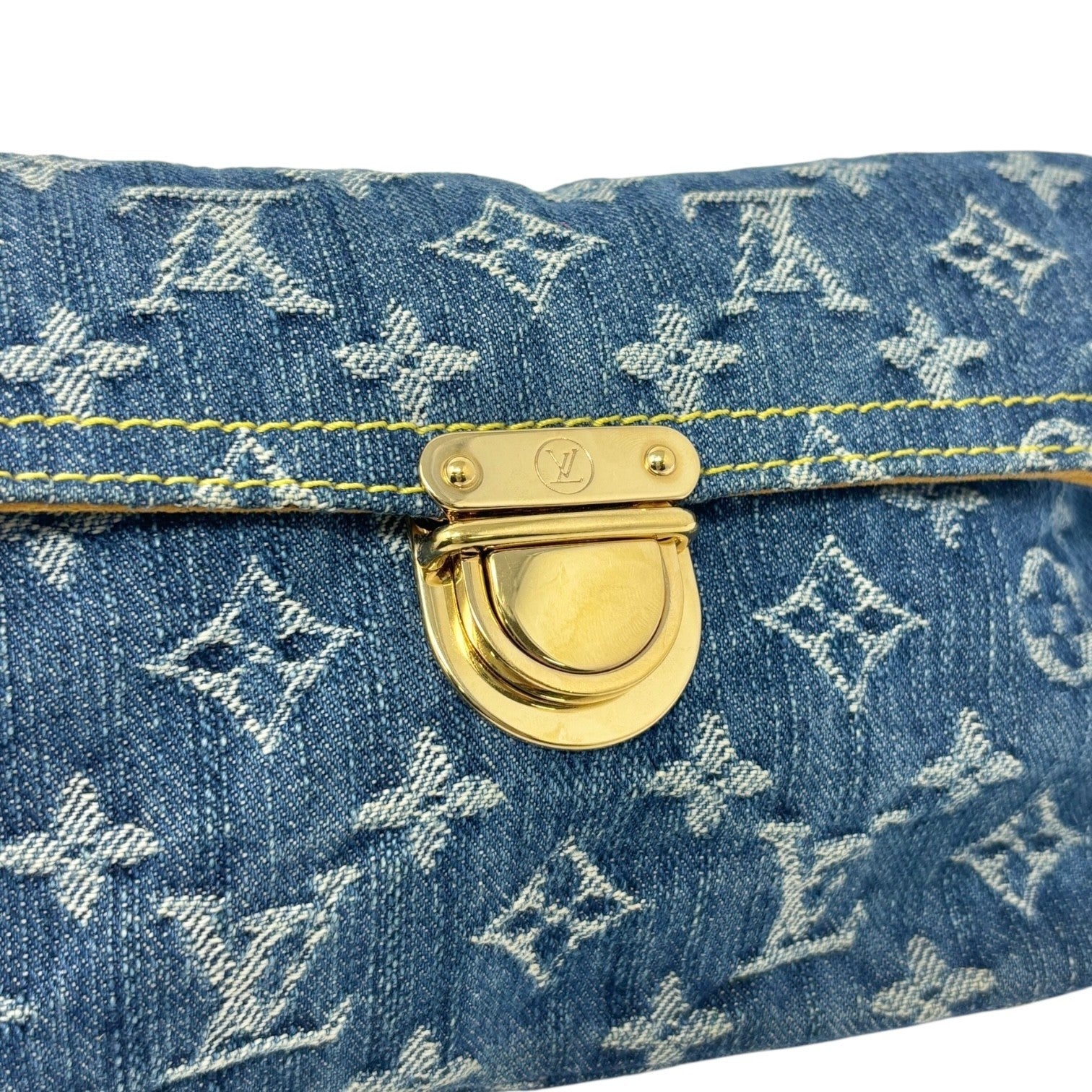 LOUIS VUITTON Vintage Monogram Denim Pochette Plat Clutch Bag Blue Gold