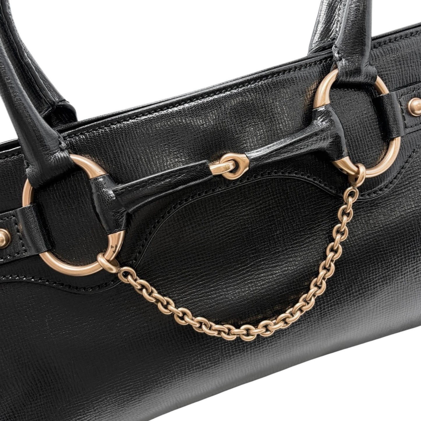 GUCCI Vintage Horsebit Chain Shoulder Tote Bag Black Gold Leather 902057