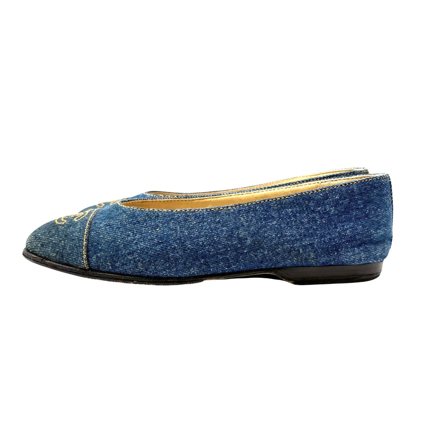 CHANEL Vintage 97P CC Mark Logo Denim Flat Shoes #36 Stitch Blue Beige Cotton