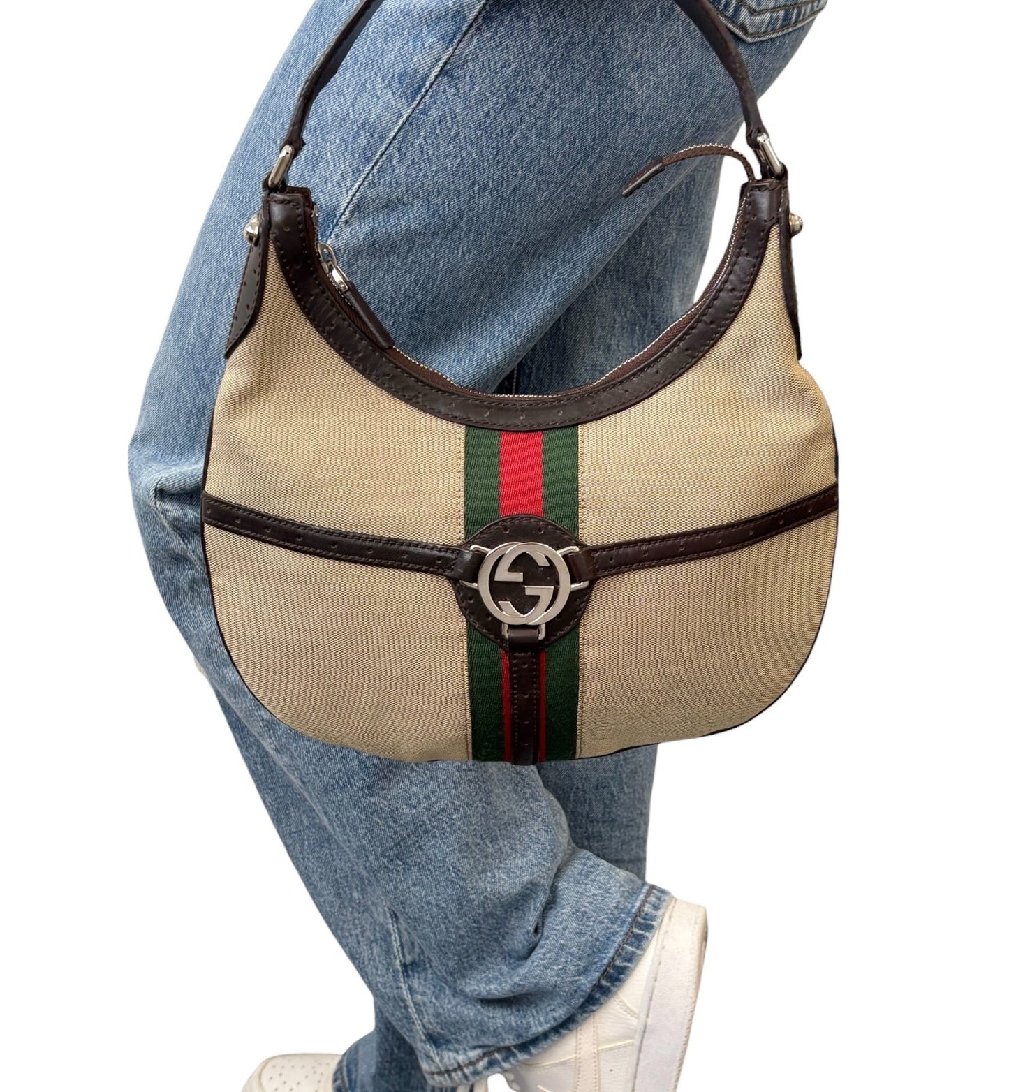 GUCCI Vintage Web Stripe Interlocking GG Logo Canvas Hobo Bag Beige 902206
