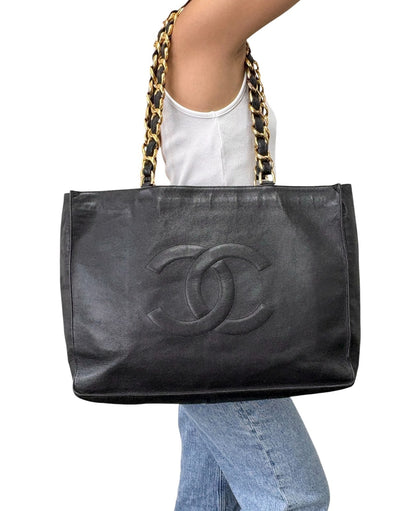 CHANEL Vintage Big CC Logo Chain Tote Shoulder Bag Black Gold Leather 902803