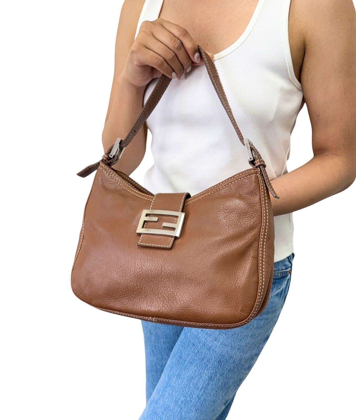 FENDI Vintage FF Logo Mamma Baguette Shoulder Bag Brown Silver Leather 902448