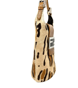 FENDI Vintage FF Logo Animal Print Mini Shoulder Bag Calf Hair Beige Rank AB