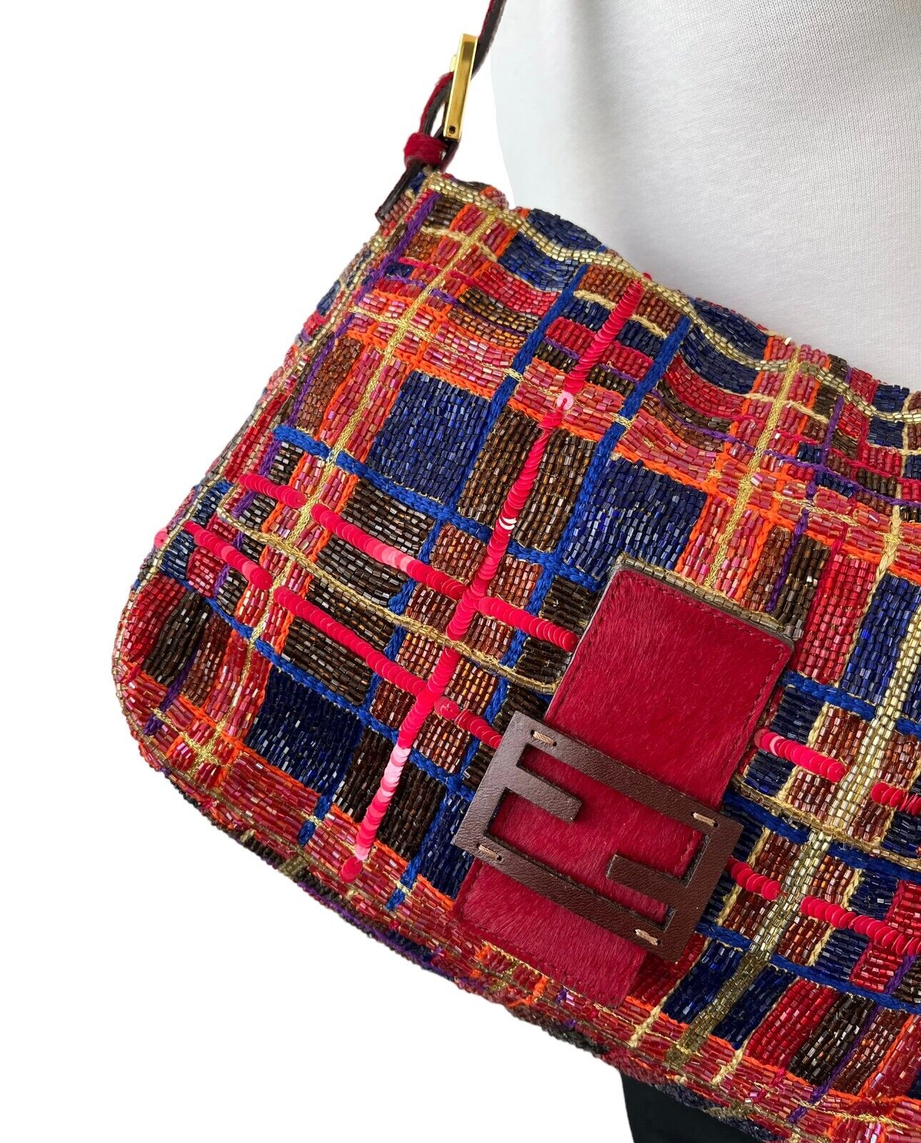 FENDI Vintage FF Logo Beads Mamma Baguette Shoulder Bag Plaid Red Blue Leather