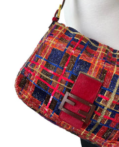 FENDI Vintage FF Logo Beads Mamma Baguette Shoulder Bag Plaid Red Blue Leather
