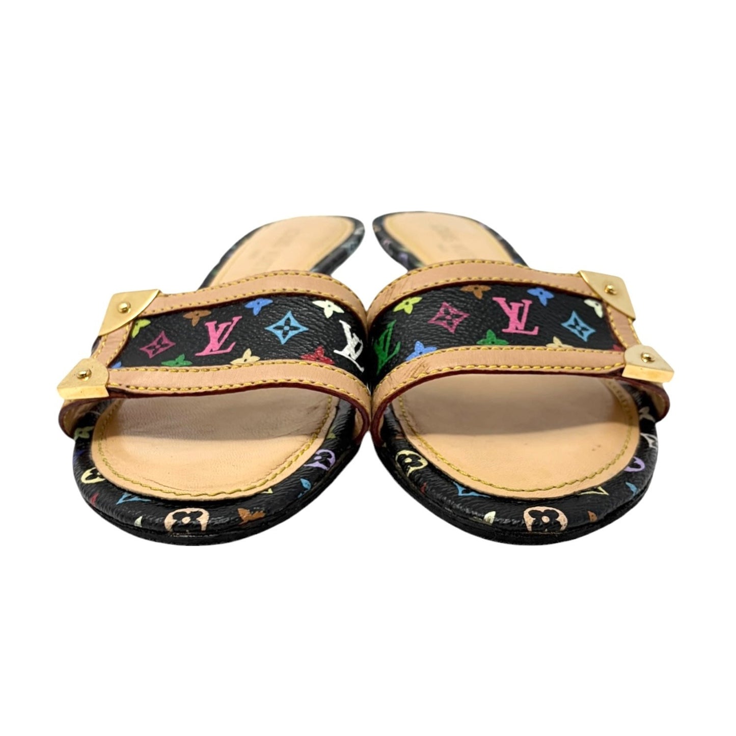 LOUIS VUITTON Vintage Monogram Multicolor Sandals Heels #37.5 Black Beige