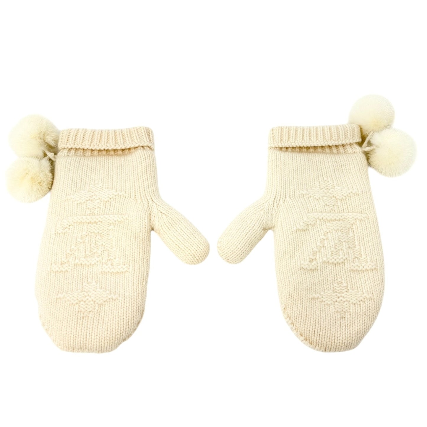 LOUIS VUITTON Vintage Cashmere Knit Gloves Mittens Mink Pompons Cream LV Logo