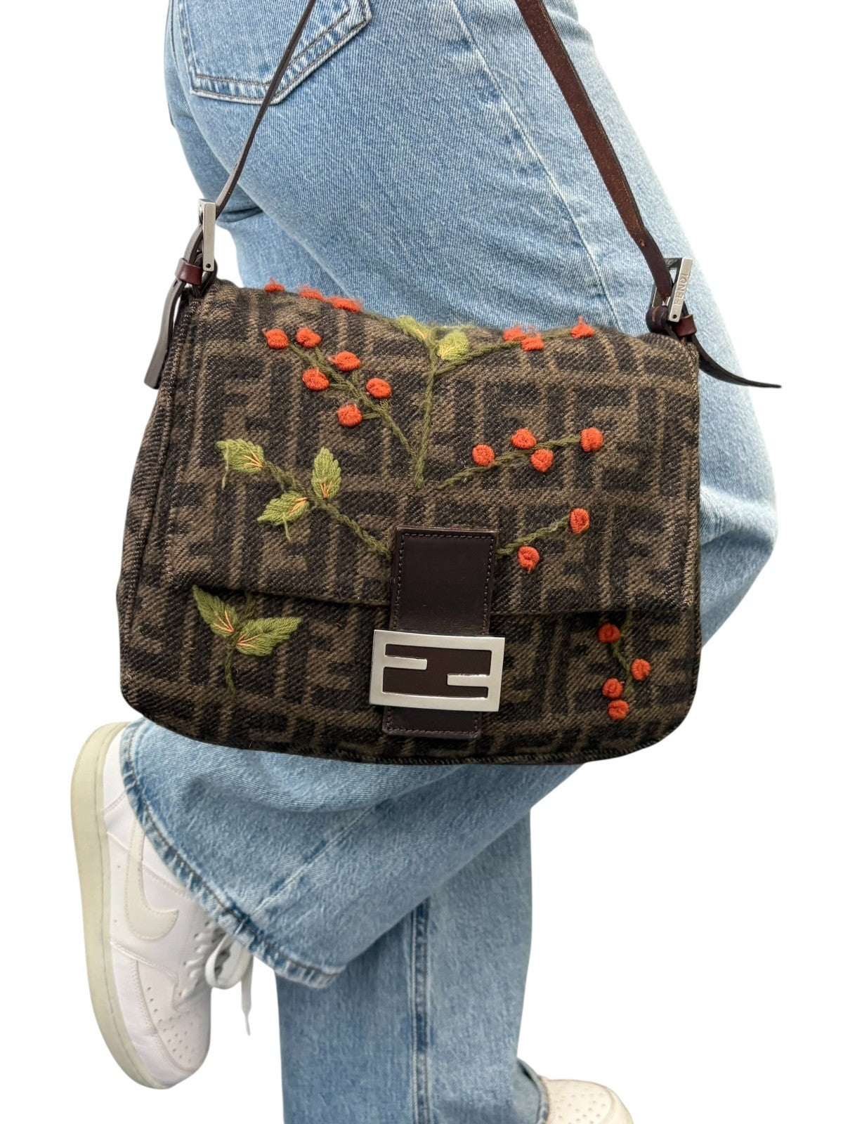 FENDI Vintage FF Mamma Baguette Wool Knit Shoulder Bag Brown Flower