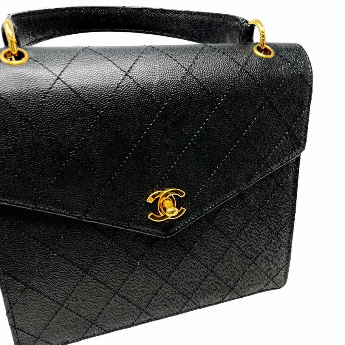 CHANEL Vintage CC Logo Turnlock Quilted Top Handle Bag Black Gold Leather