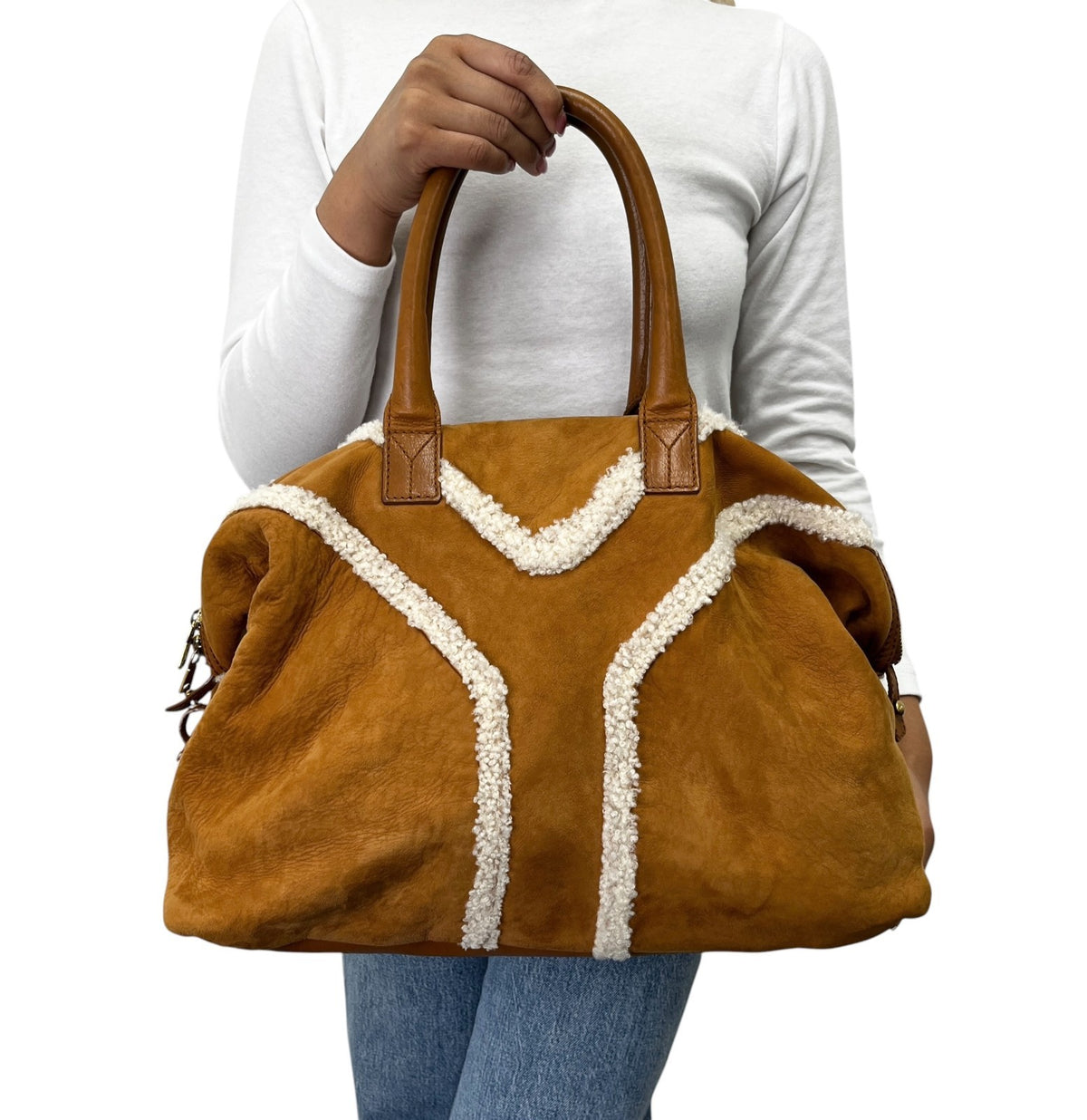 Yves Saint Laurent Vintage YSL Logo Boa Boston Bag Brown Cream Suede 902808