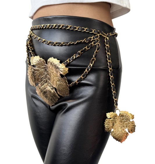 CHANEL Vintage 1991 CC Logo Big Leaf Leather Chain Belt Black Gold 902002