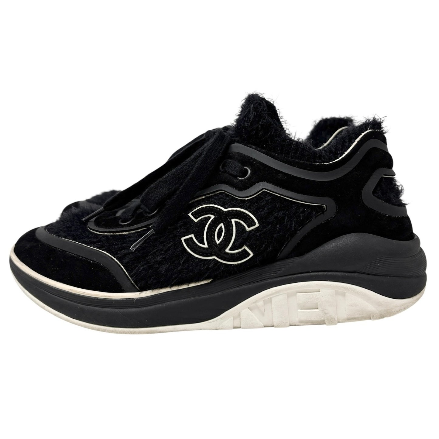 CHANEL Vintage G35202 CC Logo Socks Sneakers #37 Shoes Black White Suede