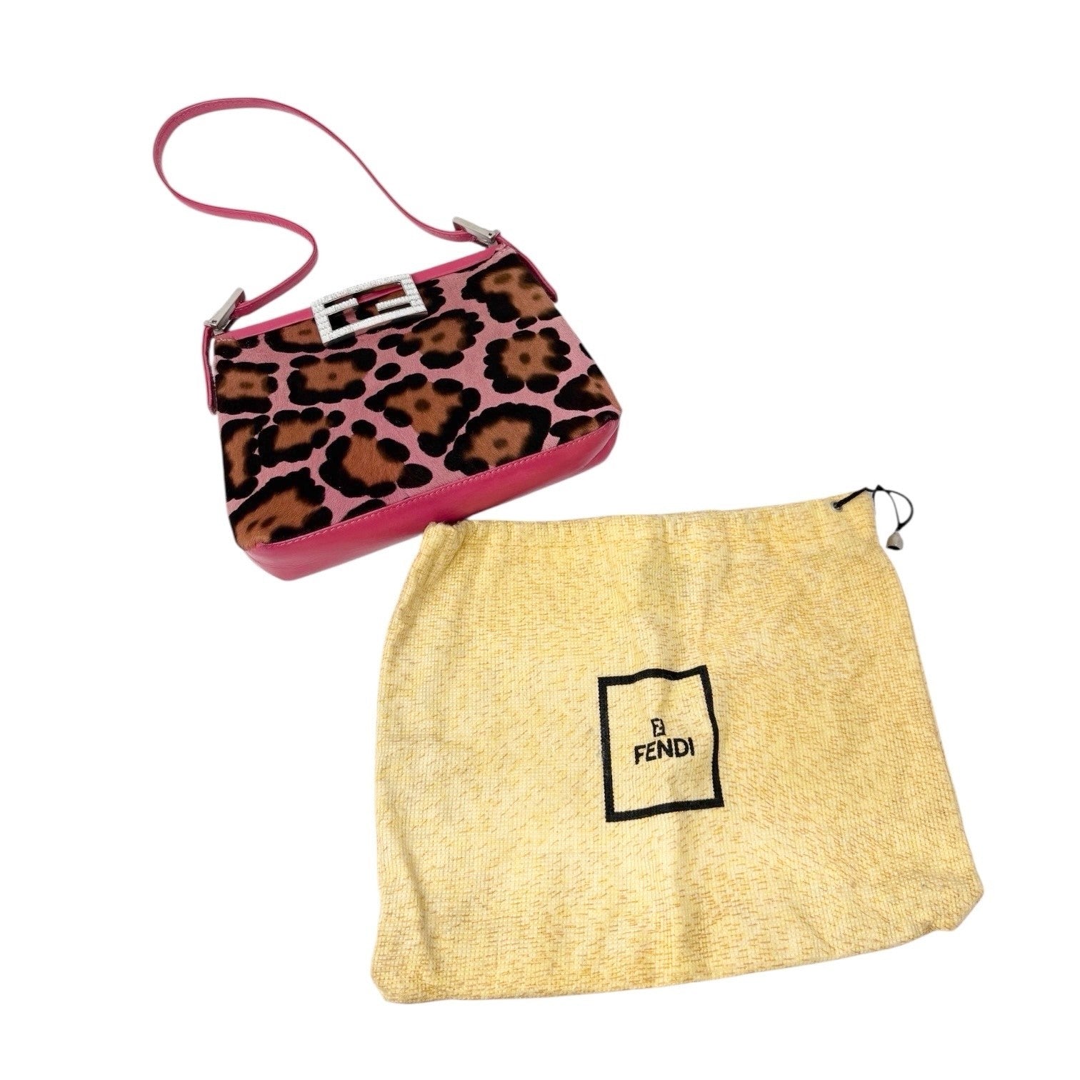 FENDI Vintage Mamma Baguette Leopard Pony Calf Hair Shoulder Bag Pink Brown