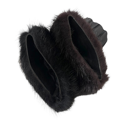 GUCCI Vintage Horsebit Fur Trim Lambskin Leather Gloves #7 Black Silver 902097