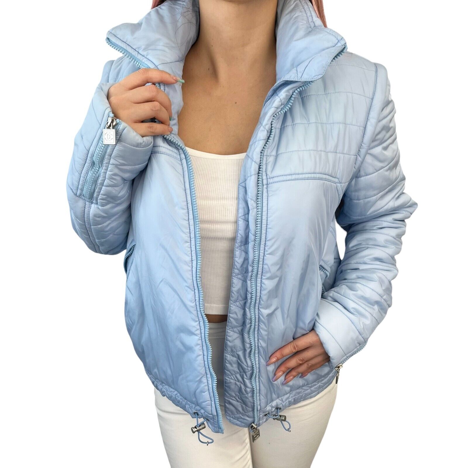 CHANEL Sport Vintage 05A Coco Mark Logo Puffer Jacket #40 Light Blue RankAB