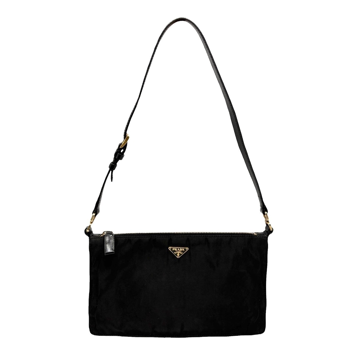 PRADA Vintage Triangle Logo Tessuto Nylon Mini Shoulder Bag Black Gold 902301
