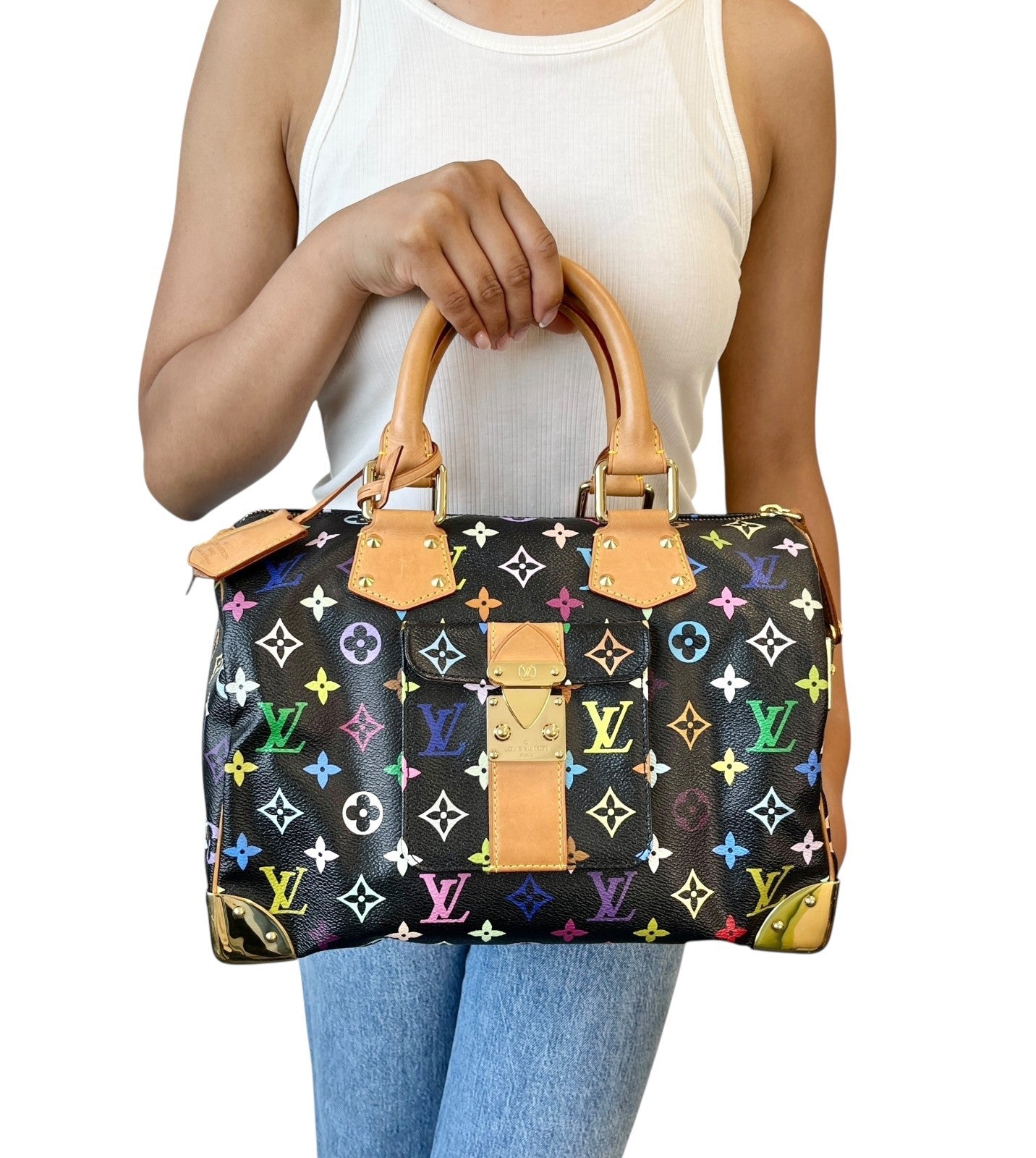 LOUIS VUITTON Vintage Monogram Multicolor Speedy 30 Handbag Black Camel Leather