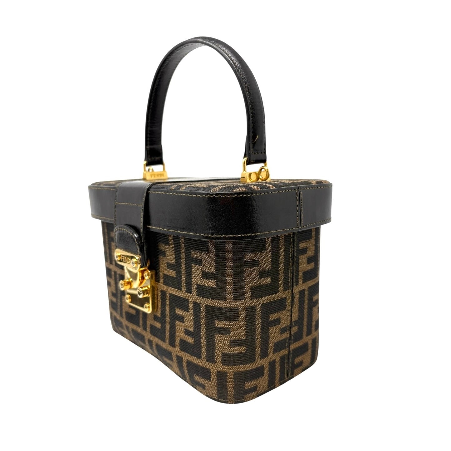 FENDI Vintage FF Zucca Vanity Bag 2way Handbag Crossbody Brown Canvas Leather