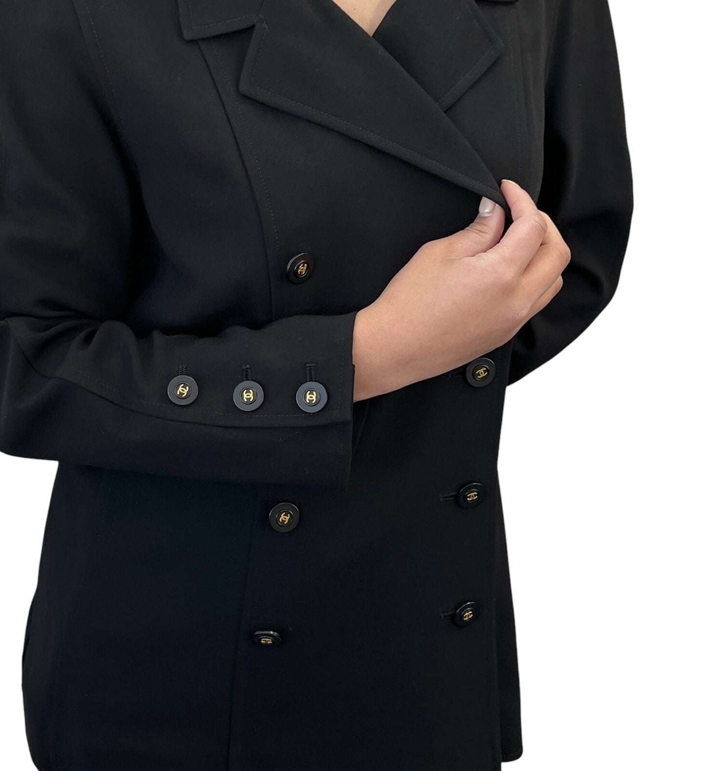 CHANEL Vintage 94P CC Logo Long Sleeve Jacket #40 Black Gold Wool Button