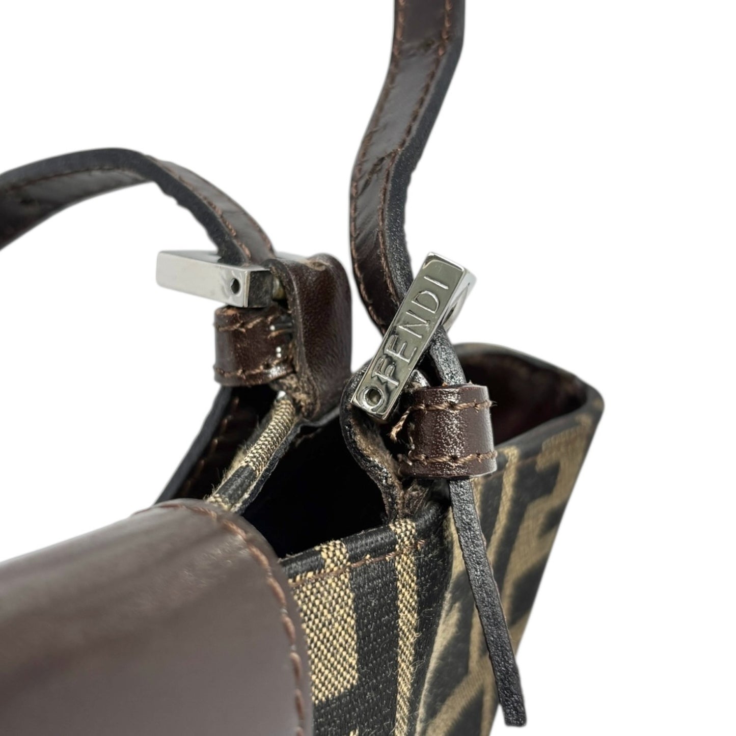 FENDI Vintage Zucca Logo Monogram Canvas Tote Shoulder Bag Leather Brown Silver