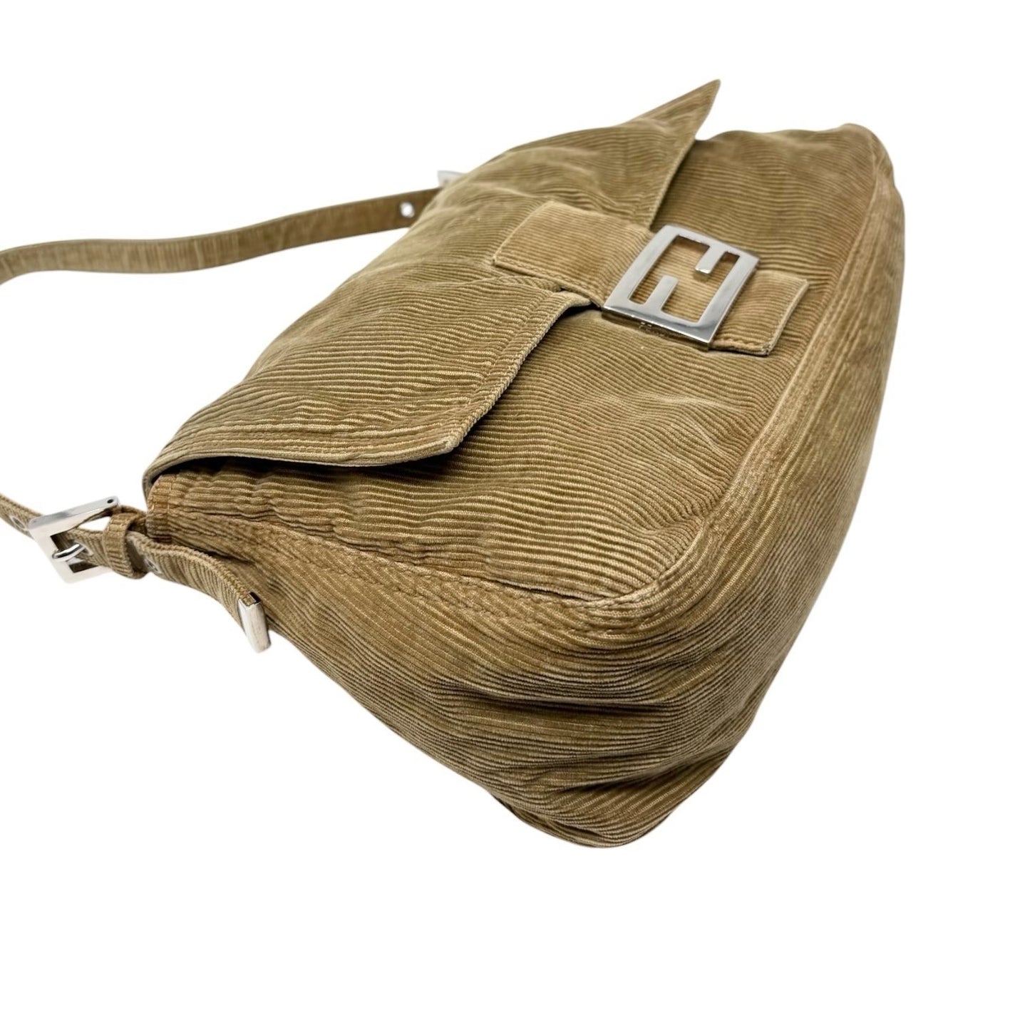 FENDI Vintage FF Logo Corduroy Mamma Baguette Shoulder Bag Light Brown Silver