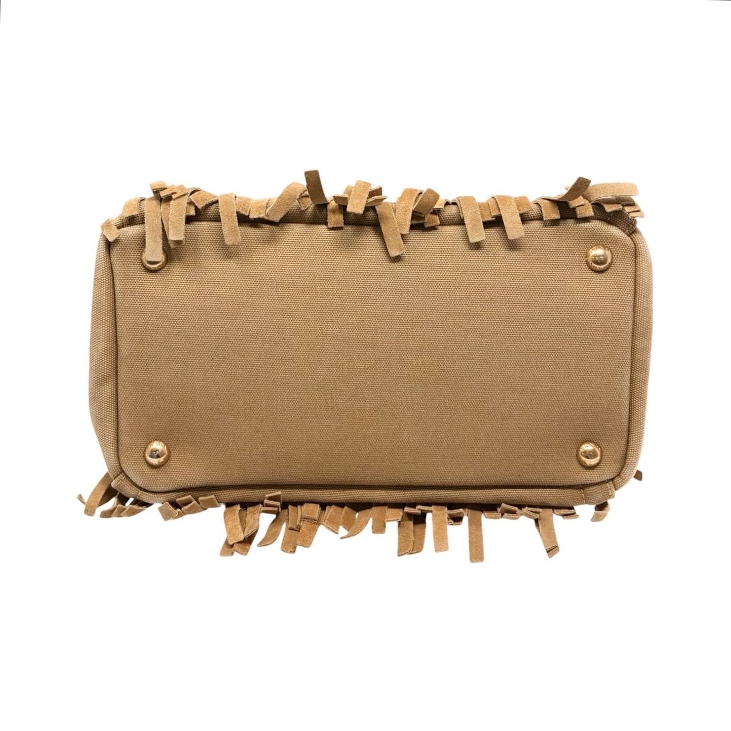 PRADA Vintage Logo Fringe Tote Bag Suede Canvas Brown Camel Gold 901835