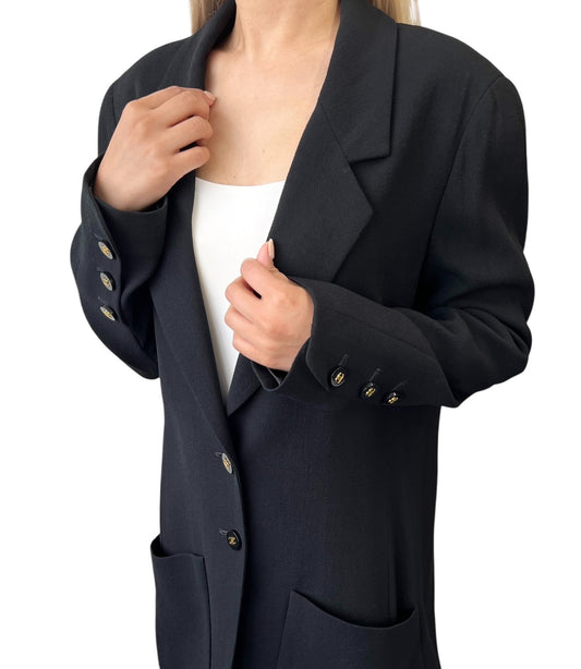 CHANEL Vintage 1994 CC Logo Collared Jacket #L Black Gold Button Wool Pocket
