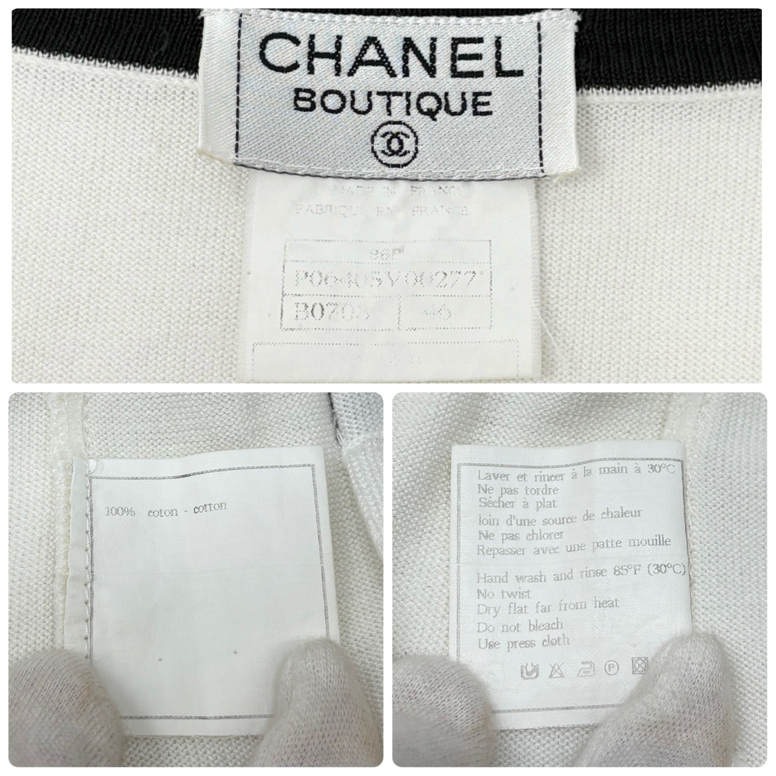 CHANEL Vintage 96P CC Mark Logo Cardigan Knit Button #46 White Black Cotton